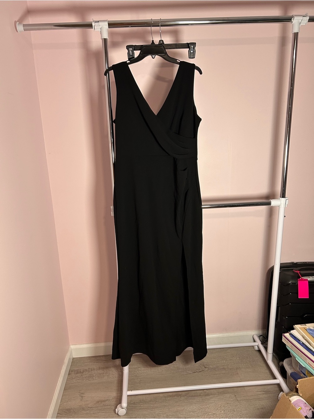 Sleeveless Black V-Neck Maxi Dress with Draped Wrap Detail
